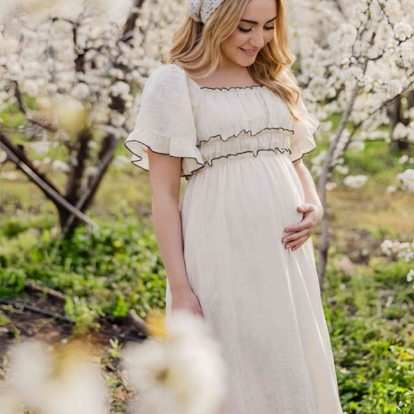 White A-line Bell Sleeves Maternity Maxi  Dress              