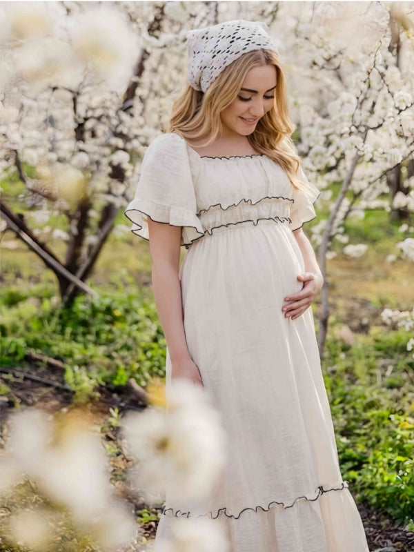 White A-line Bell Sleeves Maternity Maxi  Dress              