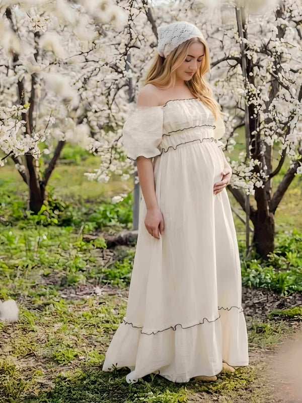 White A-line Bell Sleeves Maternity Maxi  Dress  Photoshoot