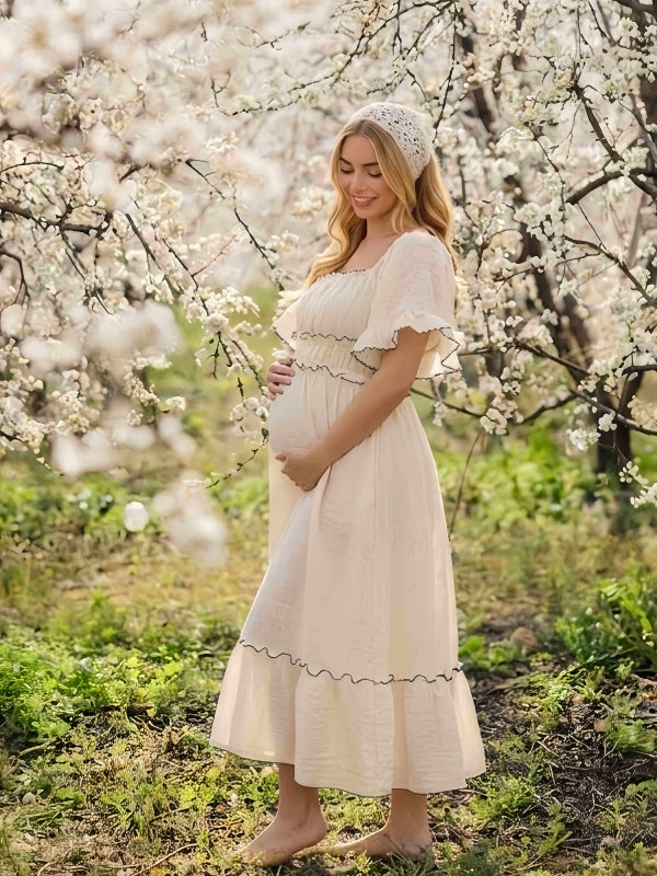 White A-line Bell Sleeves Maternity Maxi  Dress  Photoshoot