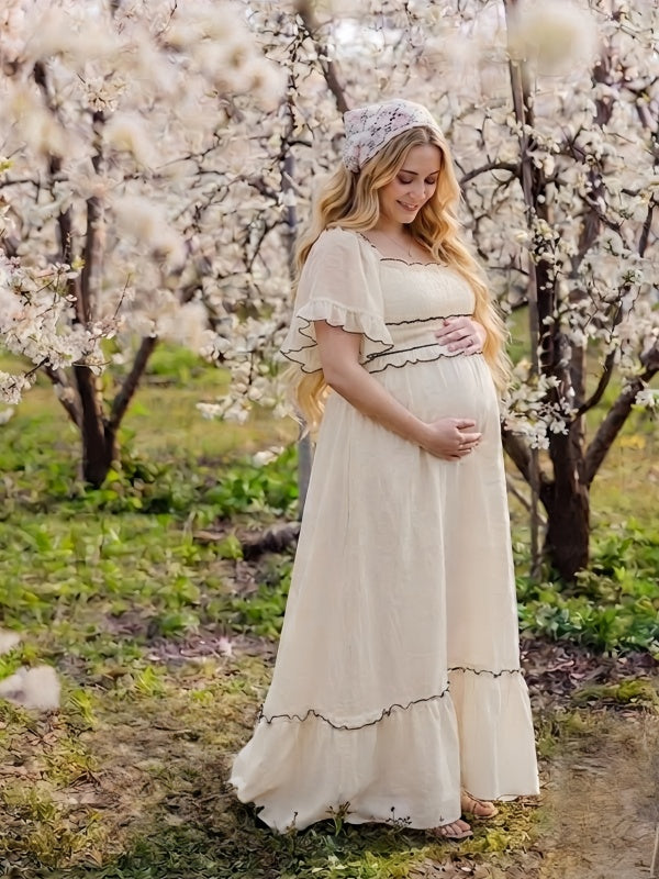 White A-line Bell Sleeves Maternity Maxi  Dress  Photoshoot