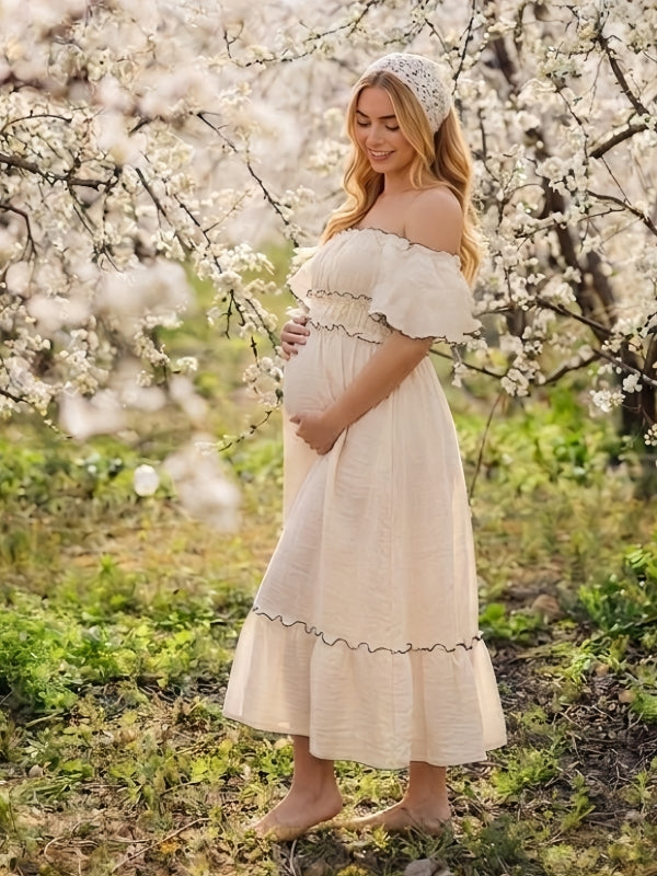 White A-line Bell Sleeves Maternity Maxi  Dress  Photoshoot