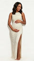 White Backless Maternity Maxi Dress – Crew Neck Sleeveless Ruched Bodycon Gown with Side Slit Milk Silk