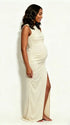 White Backless Maternity Maxi Dress – Crew Neck Sleeveless Ruched Bodycon Gown with Side Slit Milk Silk