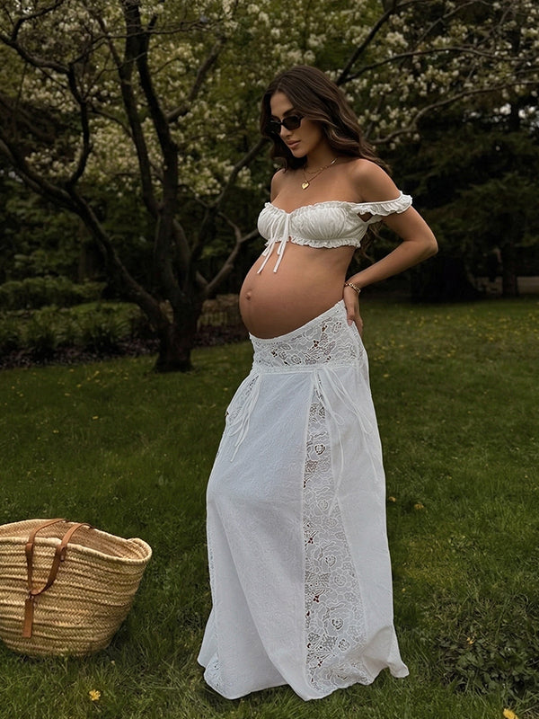 White Boho Two-Piece Off Shoulder Lace Panel Maternity Maxi Set