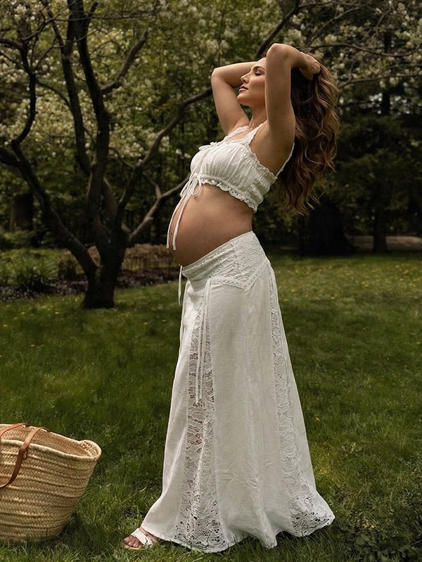 White Boho Two-Piece Off Shoulder Lace Panel Maternity Maxi Set