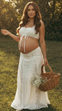 White Boho Two-Piece Off Shoulder Lace Panel Maternity Maxi Set