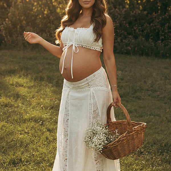 White Boho Two-Piece Off Shoulder Lace Panel Maternity Maxi Set