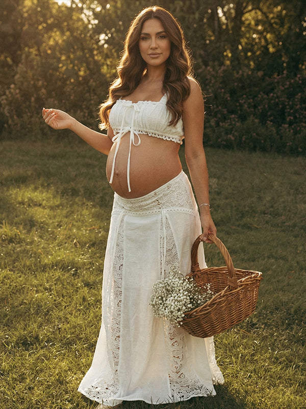 White Boho Two-Piece Off Shoulder Lace Panel Maternity Maxi Set