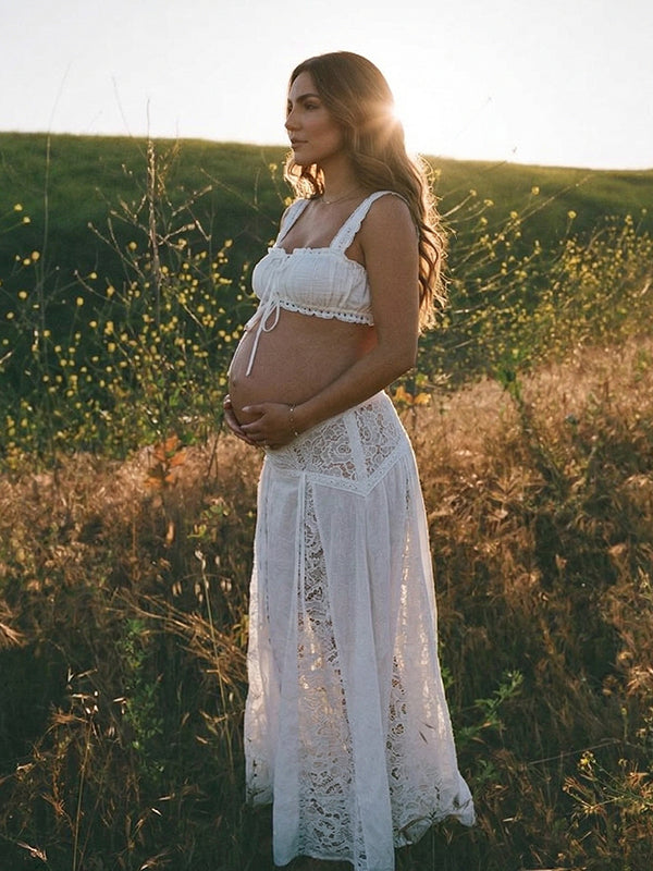 White Boho Two-Piece Off Shoulder Lace Panel Maternity Maxi Set