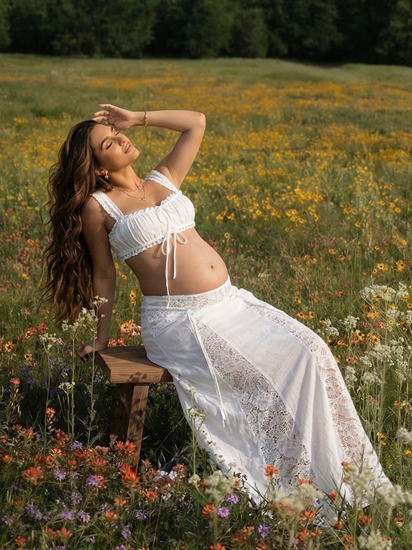 White Boho Two-Piece Off Shoulder Lace Panel Maternity Maxi Set