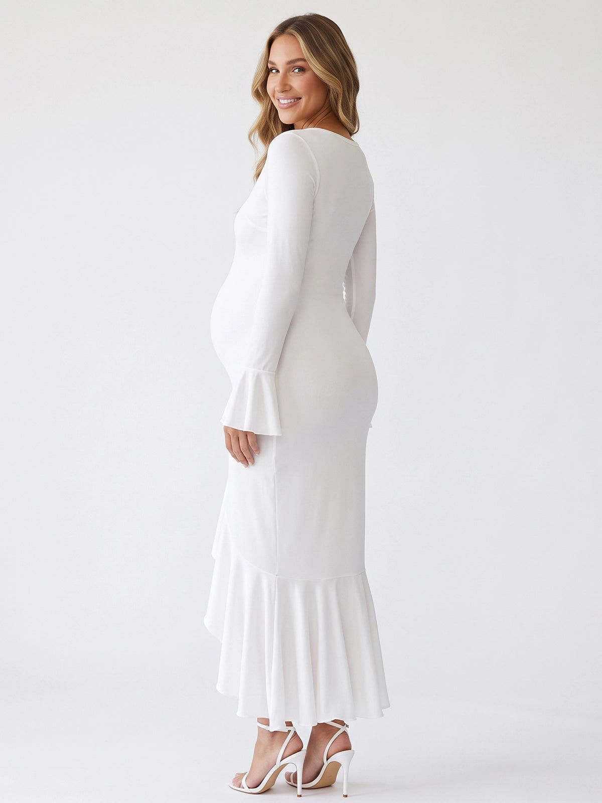 White Button-Down Flared Long Sleeve Maternity Dress