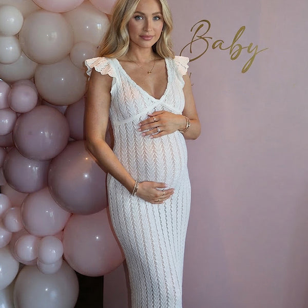 White Crochet Ruffle Flutter Sleeve Maternity Maxi Dress 
