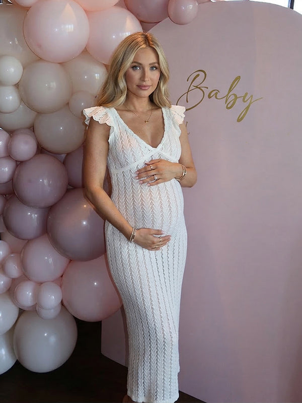 White Crochet Ruffle Flutter Sleeve Maternity Maxi Dress 