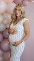 Side view of White Crochet Ruffle Flutter Sleeve Maternity Maxi Dress