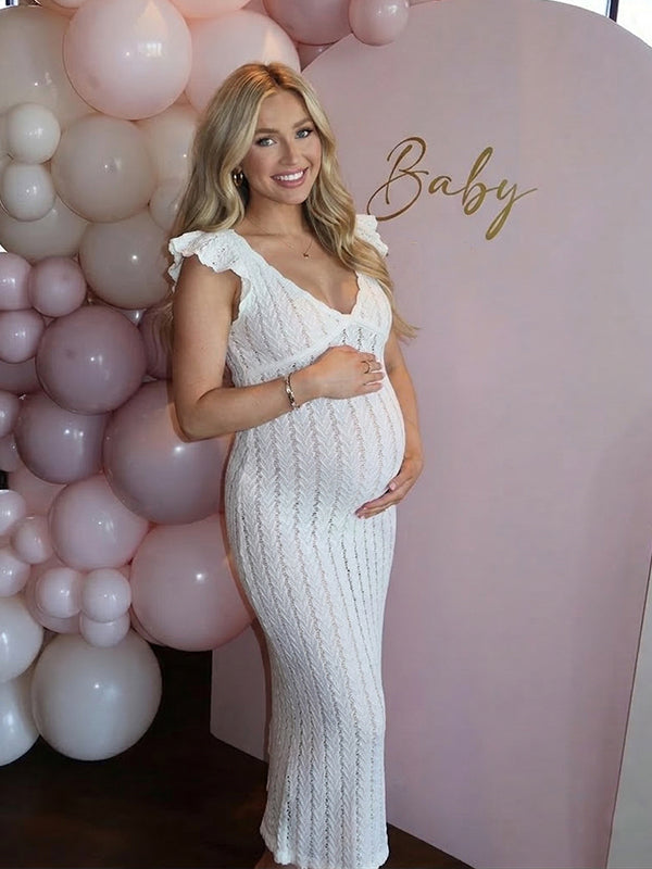 White Crochet Ruffle Flutter Sleeve Maternity Maxi Dress for Baby Shower Party