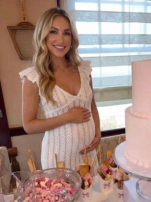 White Crochet Ruffle Flutter Sleeve Maternity Maxi Dress