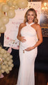 White Cross-Neck Maternity Maxi Dress – Knit Bodycon Gown with Ruched Waist Elegant Photoshoot Dress