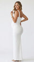 White Cross-Neck Maternity Maxi Dress – Knit Bodycon Gown with Ruched Waist Elegant Photoshoot Dress
