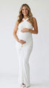 White Cross-Neck Maternity Maxi Dress – Knit Bodycon Gown with Ruched Waist Elegant Photoshoot Dress