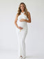 White Cross-Neck Bodycon Maternity Maxi Dress— Ruched Pregnancy Gown