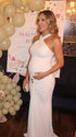 White Cross-Neck Maternity Maxi Dress – Knit Bodycon Gown with Ruched Waist Elegant Photoshoot Dress