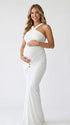 White Cross-Neck Maternity Maxi Dress – Knit Bodycon Gown with Ruched Waist Elegant Photoshoot Dress
