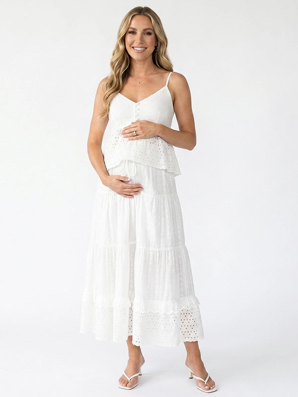 White Eyelet Lace Big Swing Two-Piece Maternity Maxi Set