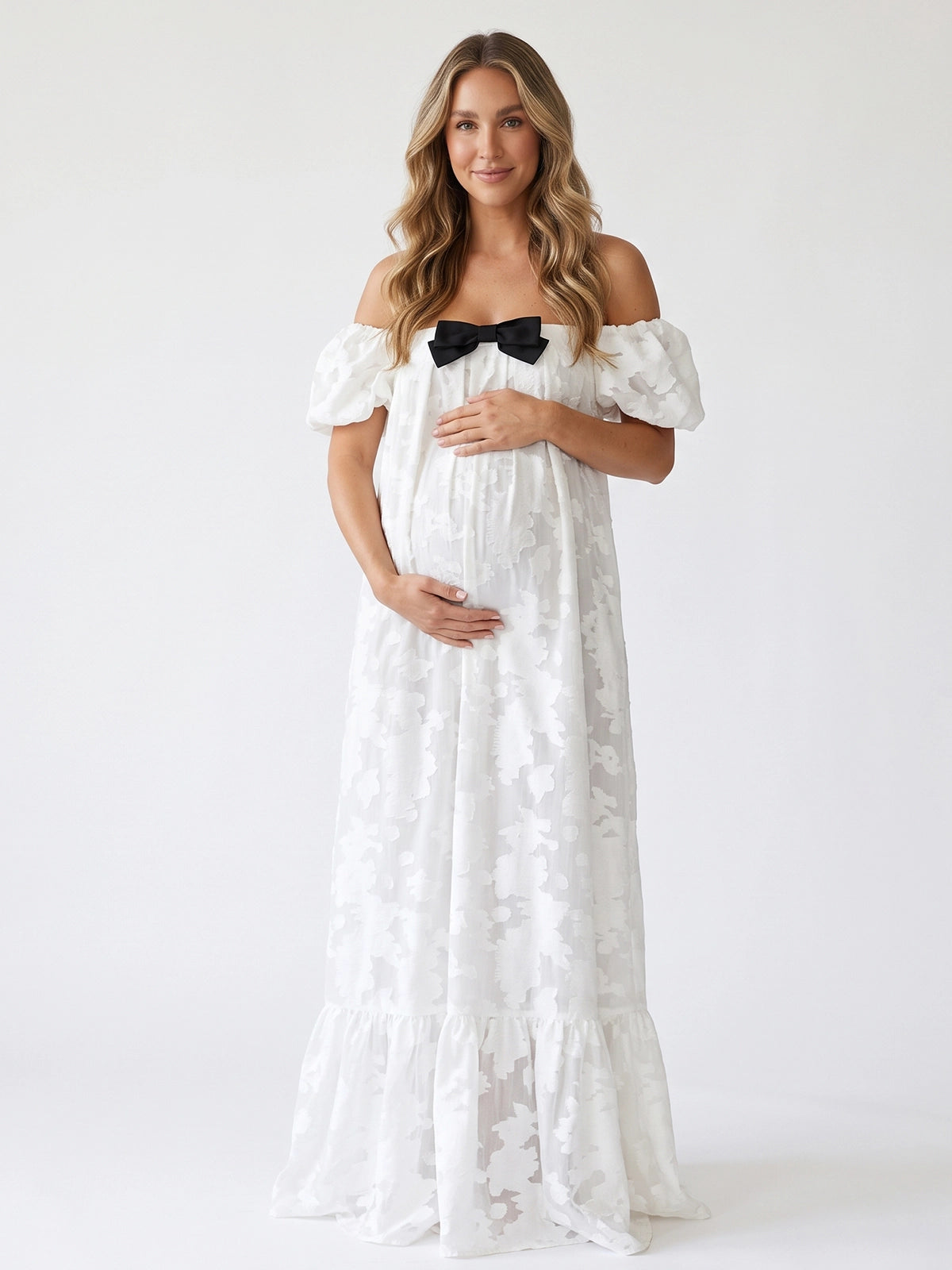 White Floral Brocade Maternity Maxi Dress with Black Bow