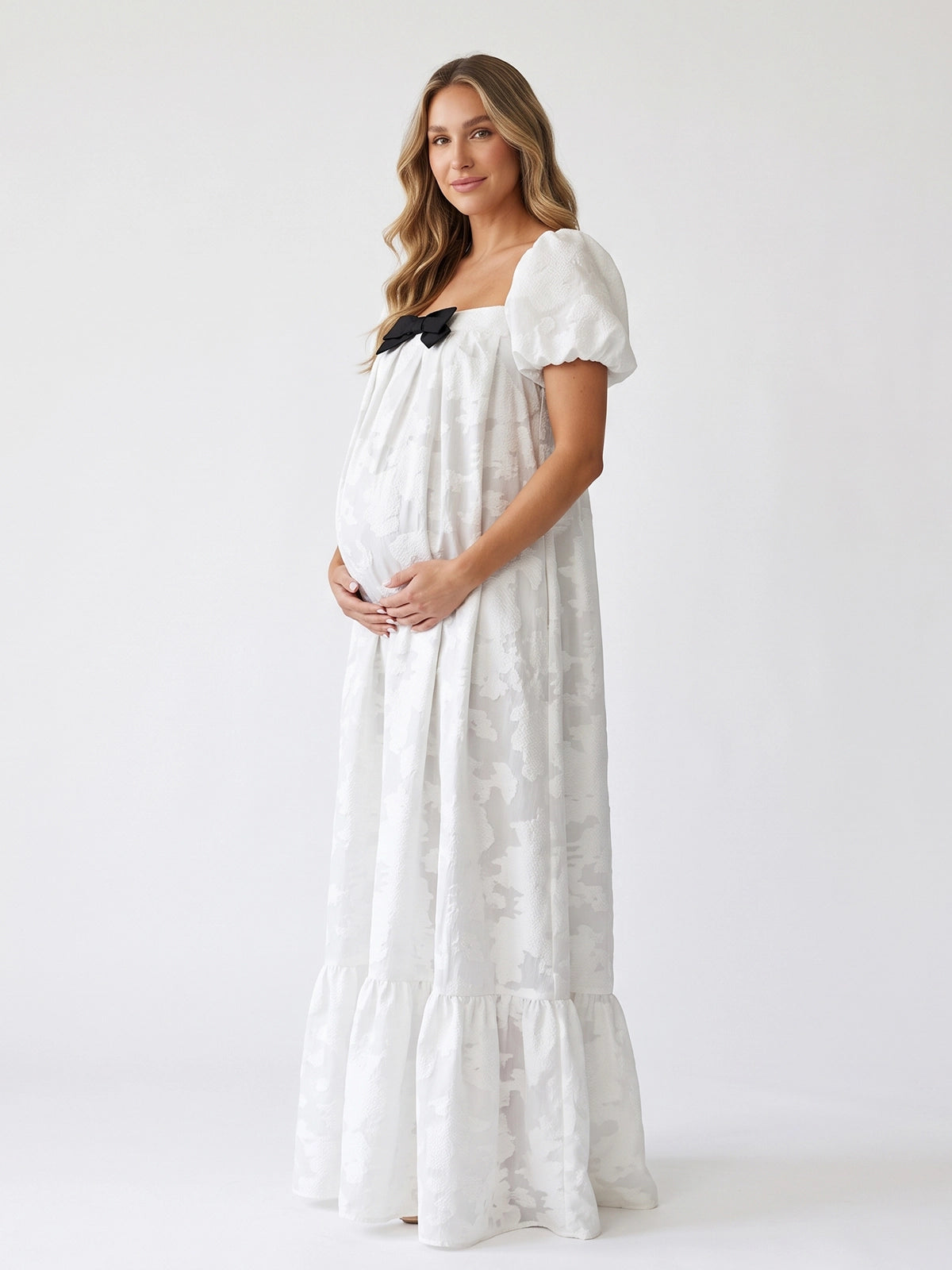 White Floral Brocade Maternity Maxi Dress with Black Bow