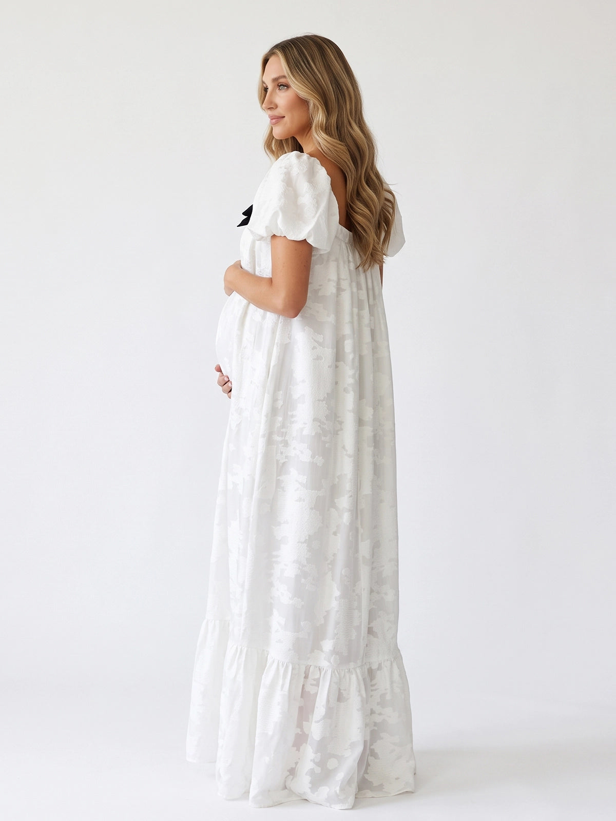 White Floral Brocade Maternity Maxi Dress with Black Bow