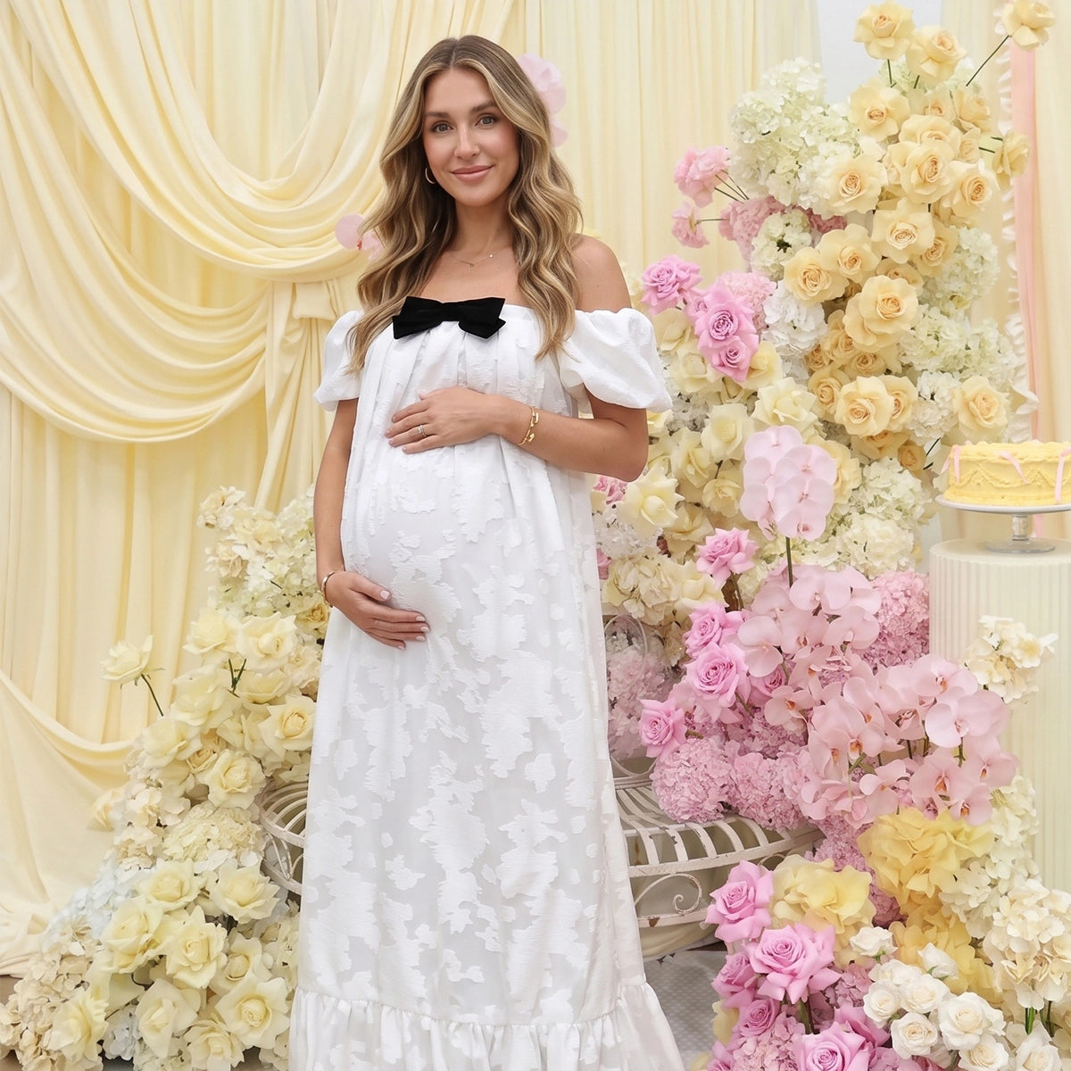 White Floral Brocade Maternity Maxi Dress with Black Bow