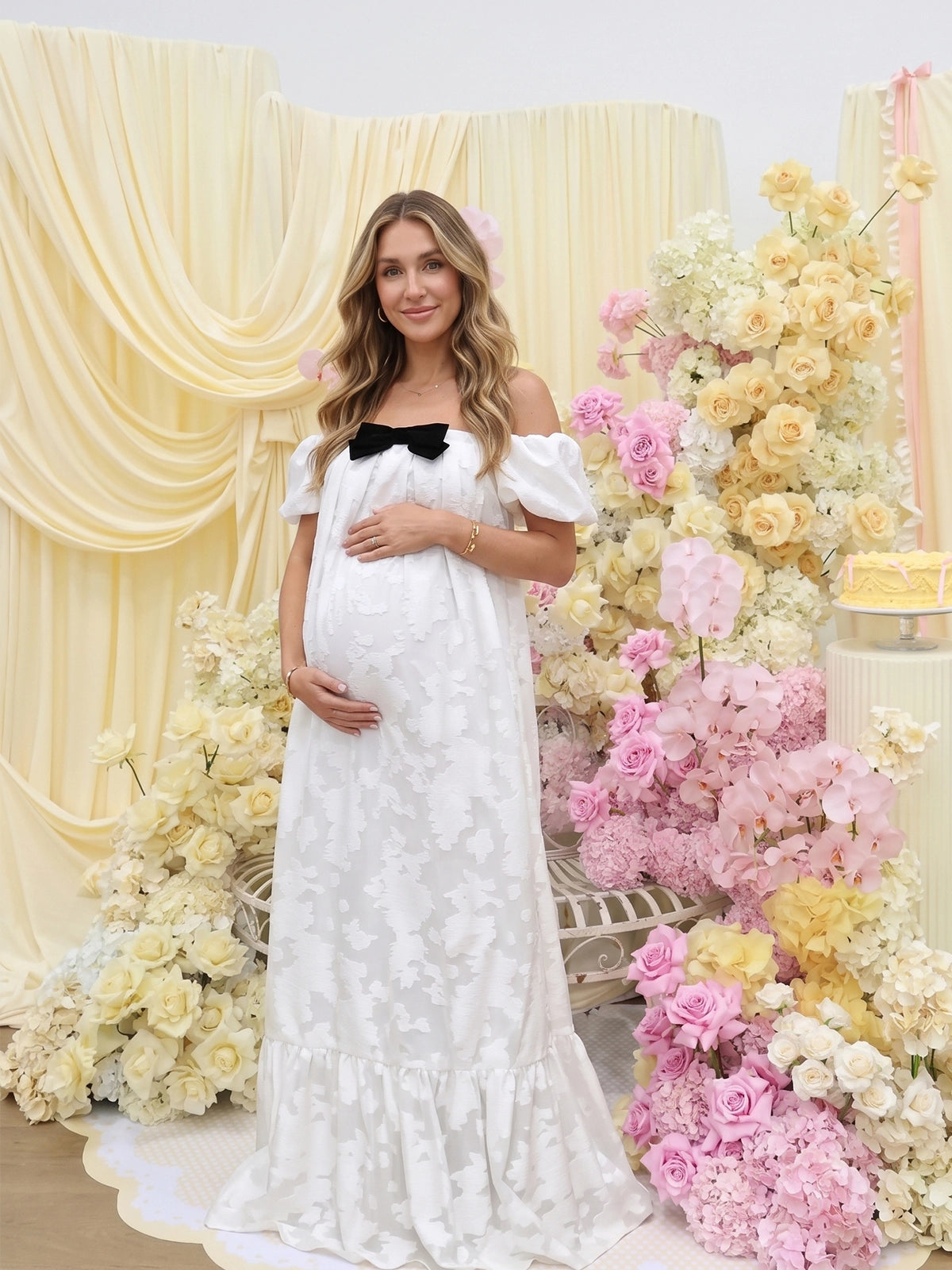White Floral Brocade Maternity Maxi Dress with Black Bow