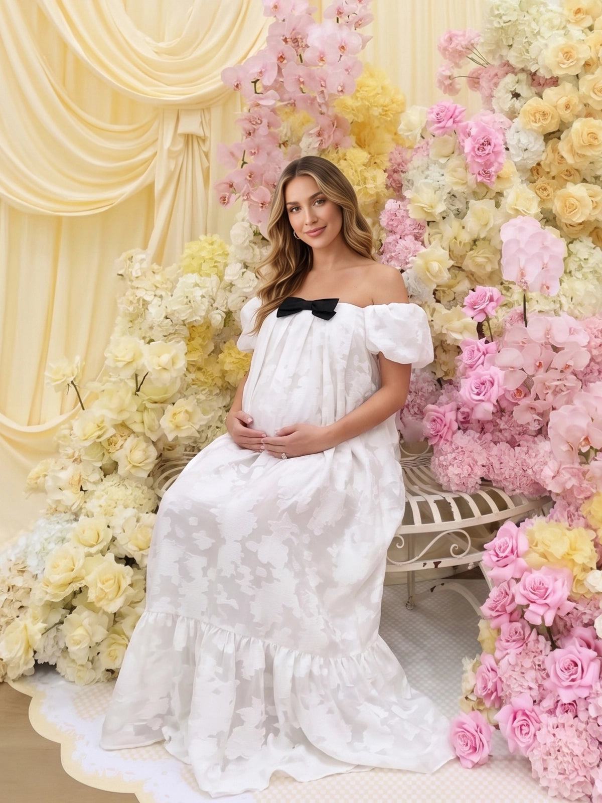 White Floral Brocade Maternity Maxi Dress with Black Bow