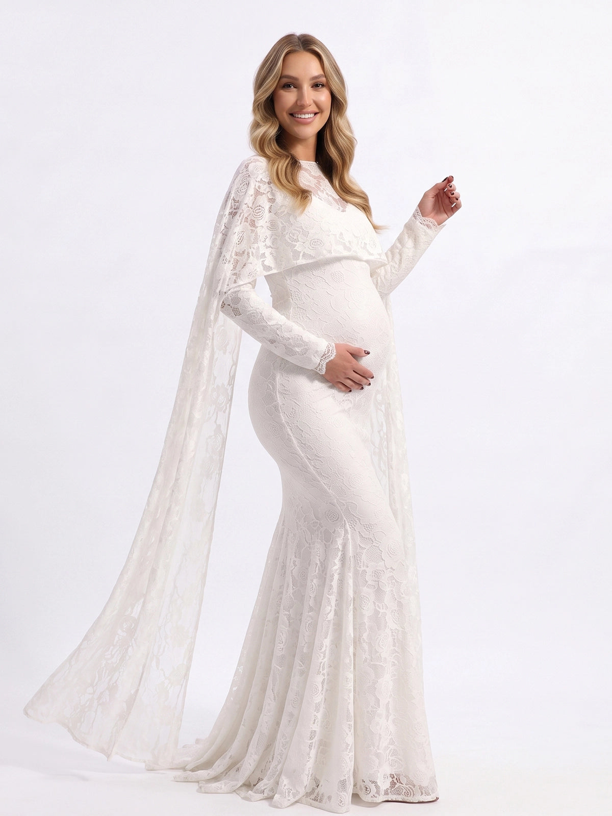 White Floral Lace Maternity Maxi Dress with Cape