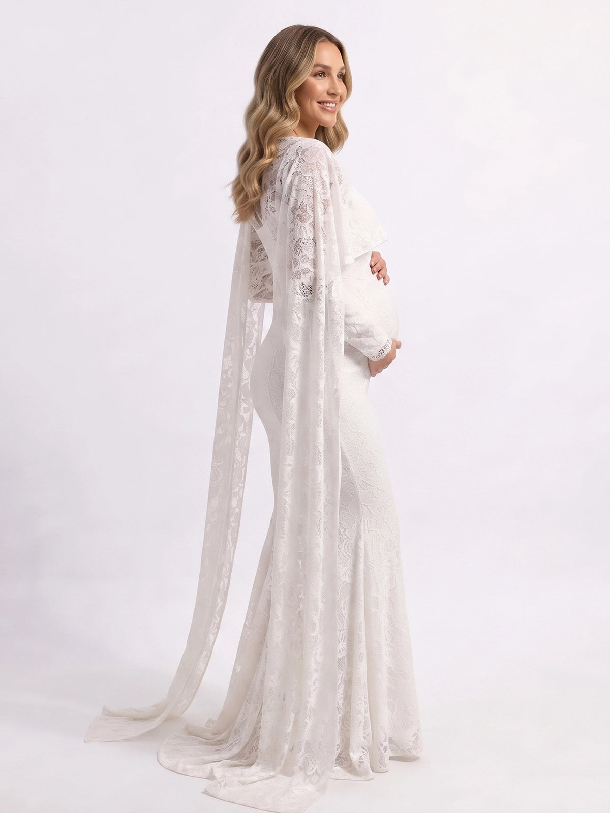 White Floral Lace Maternity Maxi Dress with Cape