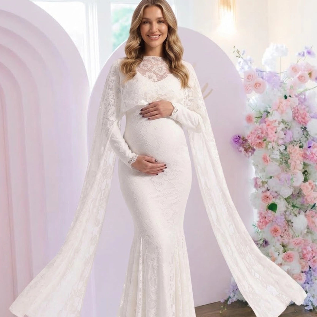 White Floral Lace Maternity Maxi Dress with Cape