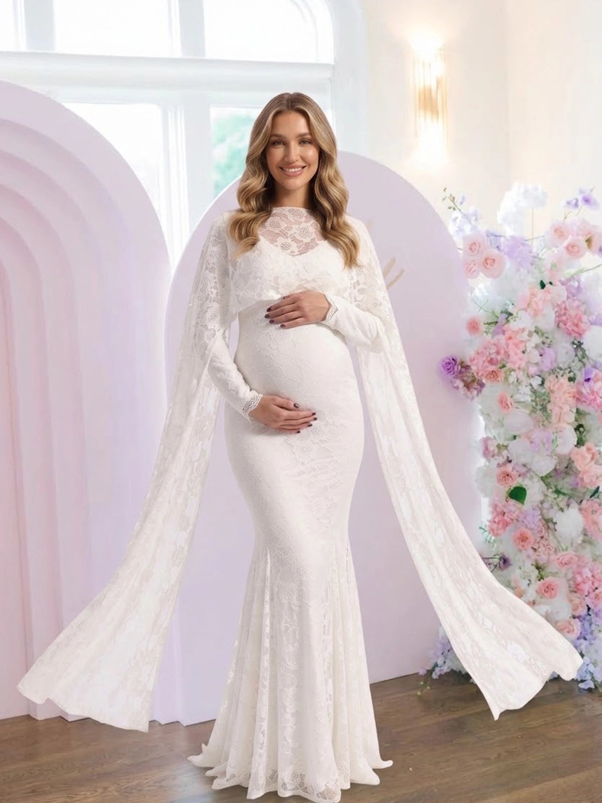 White Floral Lace Maternity Maxi Dress with Cape