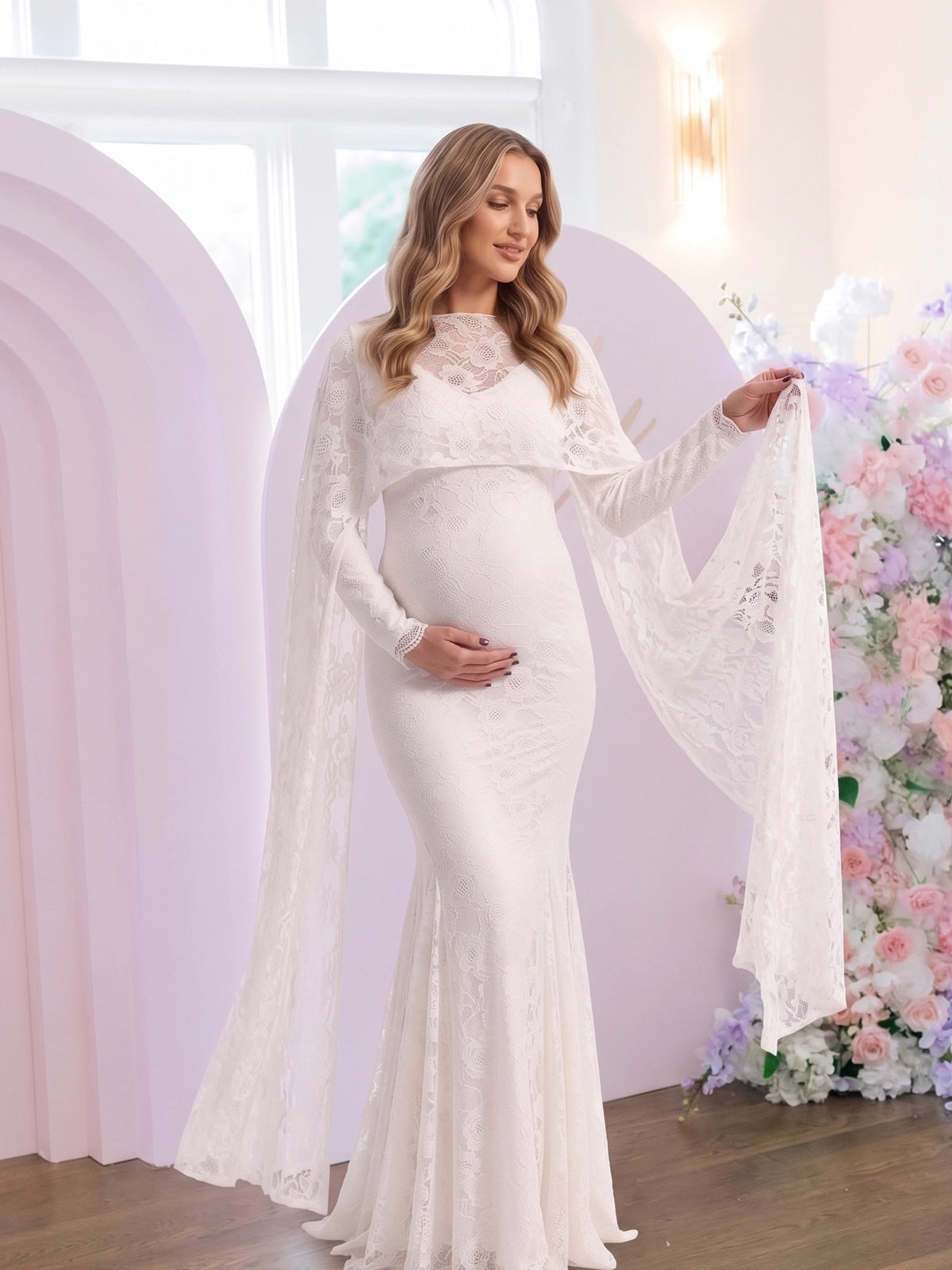 White Floral Lace Maternity Maxi Dress with Cape