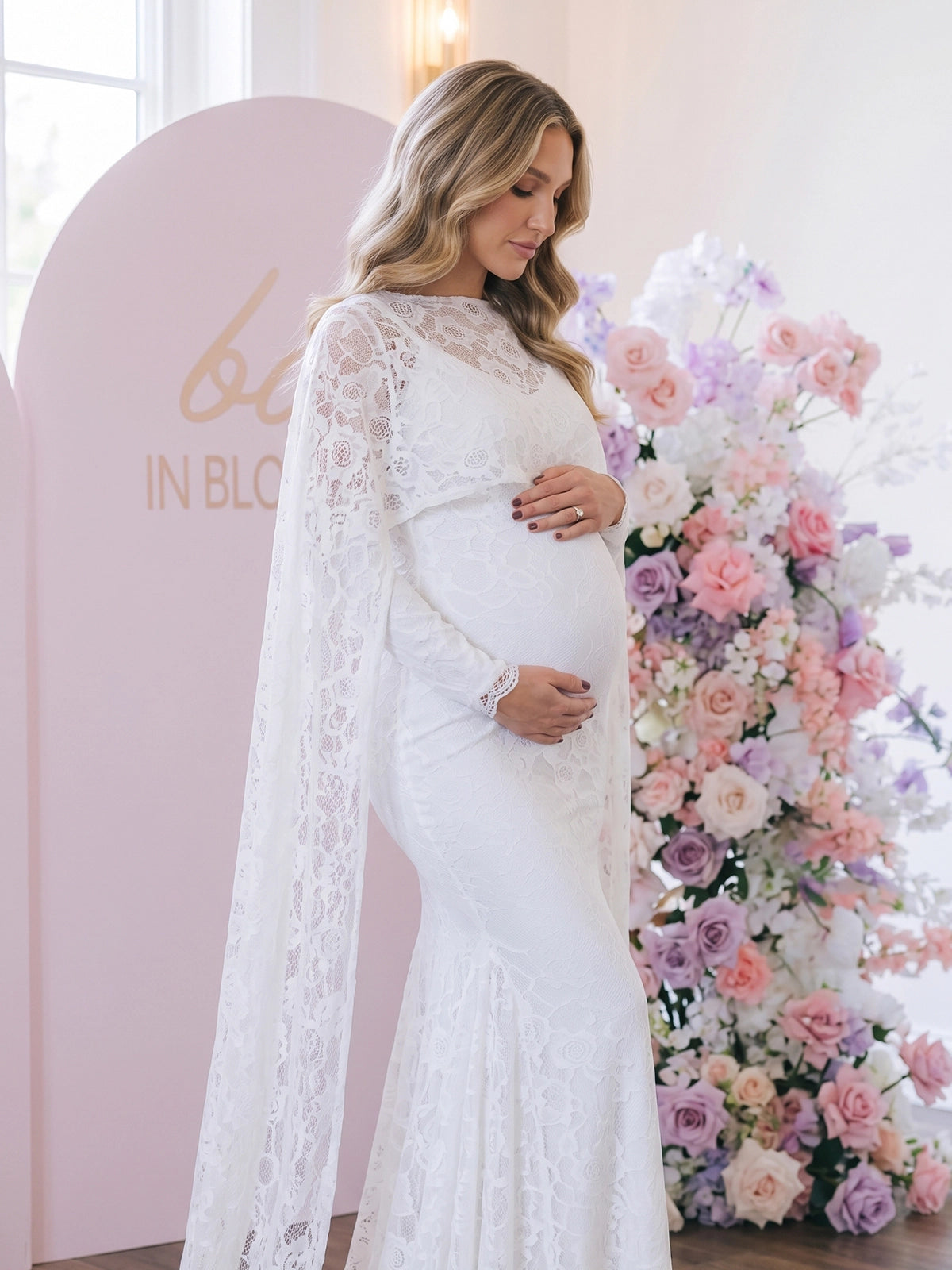 White Floral Lace Maternity Maxi Dress with Cape