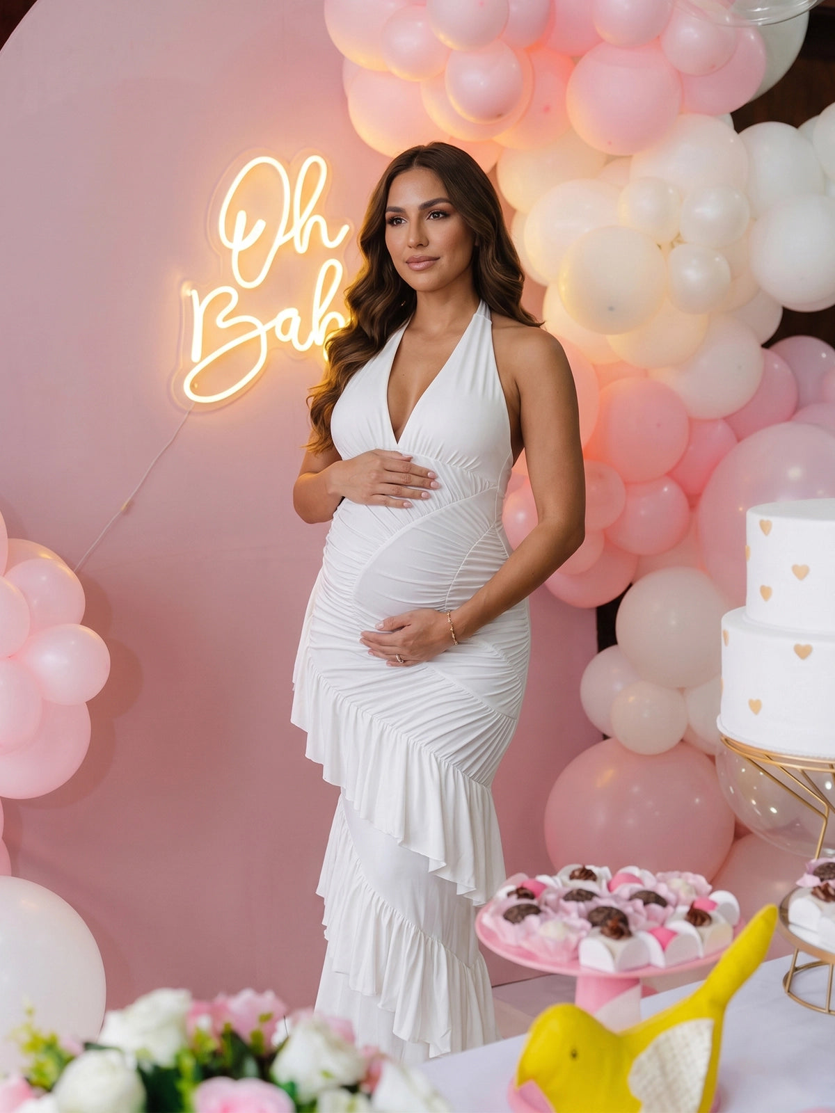 White Halter Maternity Maxi Dress with Ruched Tiered Ruffles