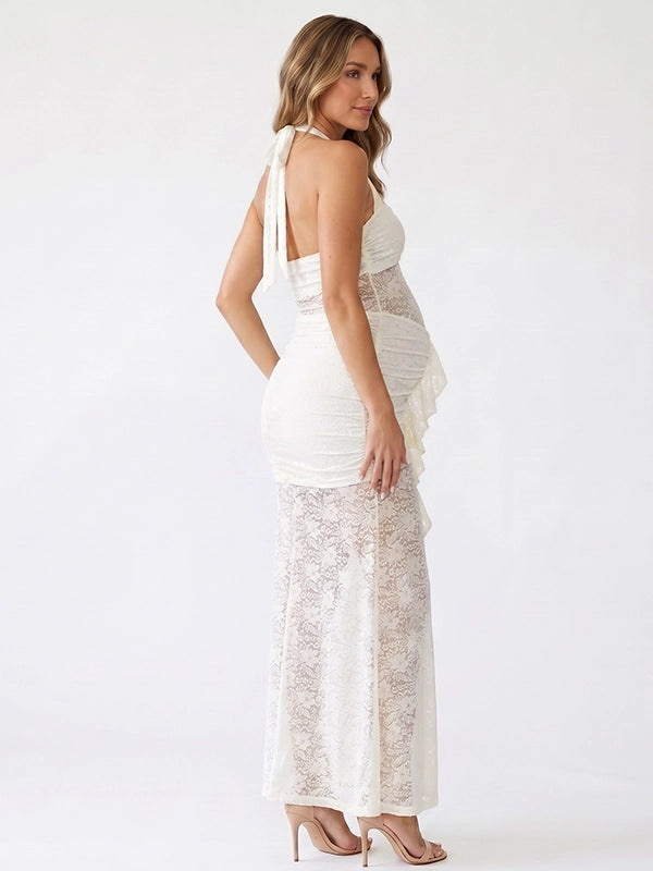 White Lace Halter Ruffle Mermaid Maternity Maxi Gown