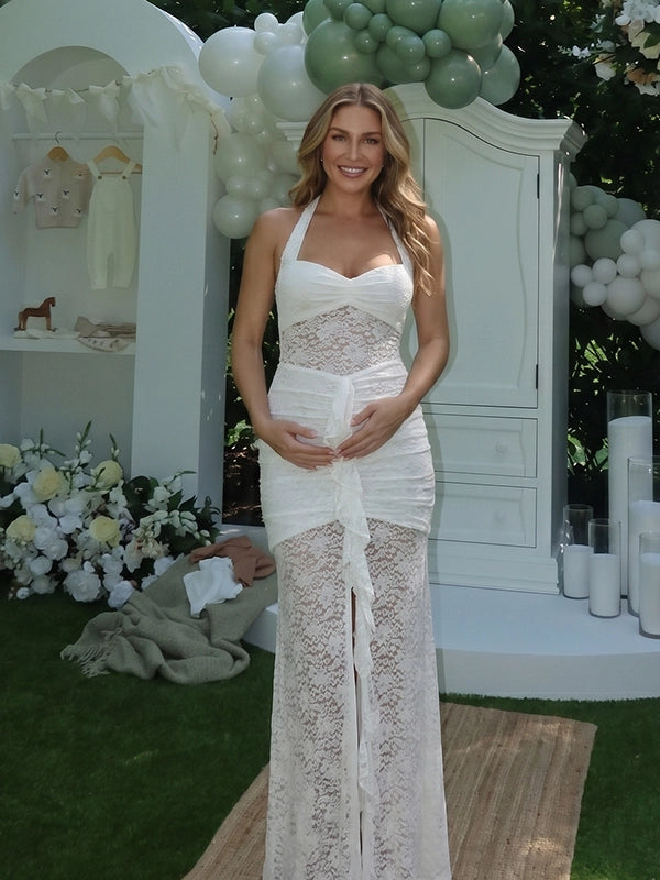 White Lace Halter Ruffle Mermaid Maternity Maxi Gown