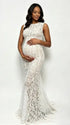 white lace maternity maxi dress high neck sleeveless mermaid a-line baby shower photoshoot gown