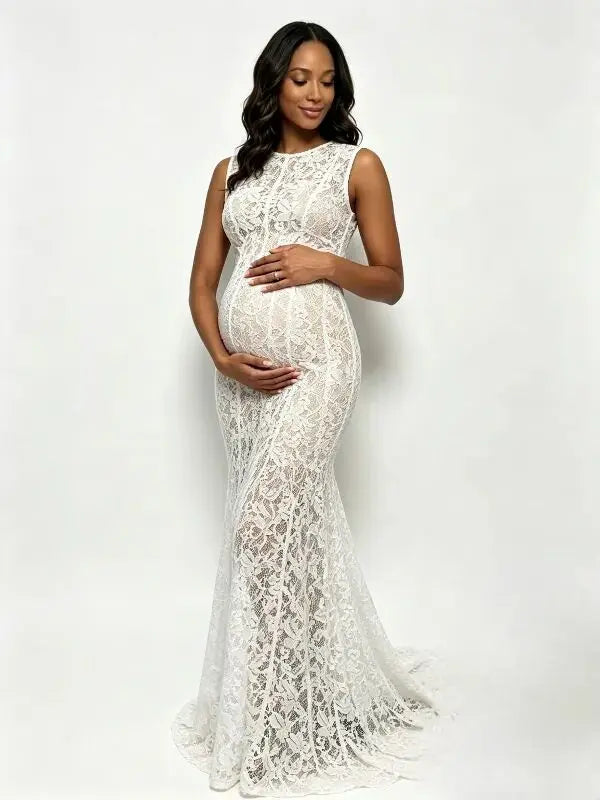white lace maternity maxi dress high neck sleeveless mermaid a-line baby shower photoshoot gown