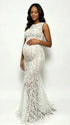 white lace maternity maxi dress high neck sleeveless mermaid a-line baby shower photoshoot gown