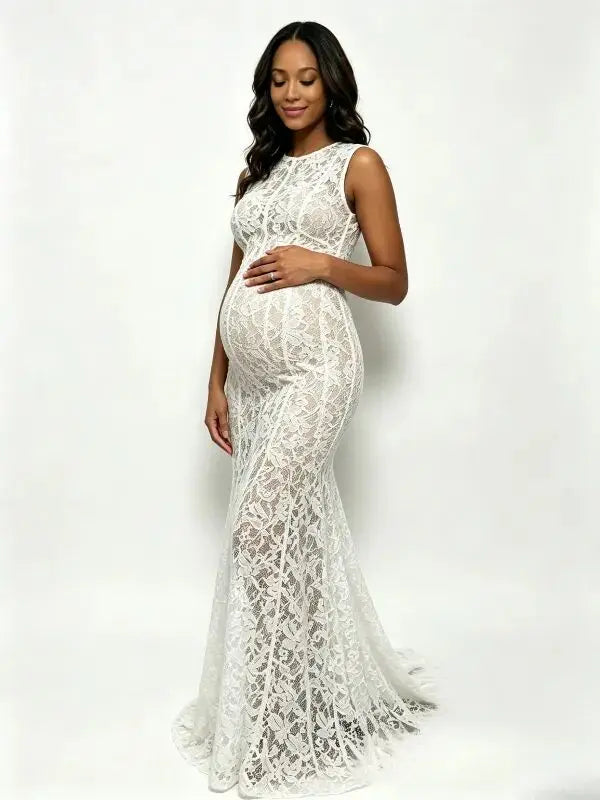 white lace maternity maxi dress high neck sleeveless mermaid a-line baby shower photoshoot gown