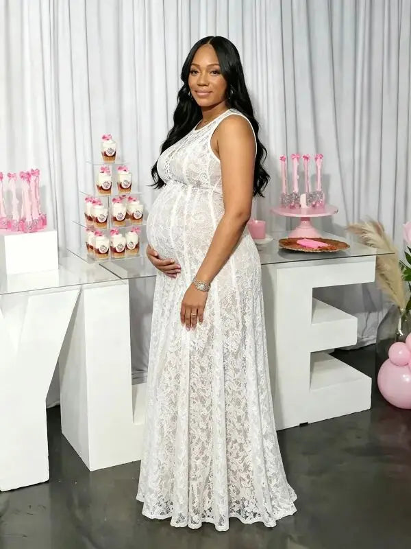 elegant white maternity dress lace high waist mermaid skirt sleeveless pregnancy photoshoot dress