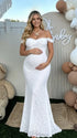 White Lace Off-Shoulder Maternity Maxi Dress – Bodycon Milk Silk Gown, Elegant Baby Shower & Photoshoot Dress
