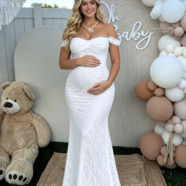White Lace Off-Shoulder Maternity Maxi Dress – Bodycon Milk Silk Gown, Elegant Baby Shower & Photoshoot Dress